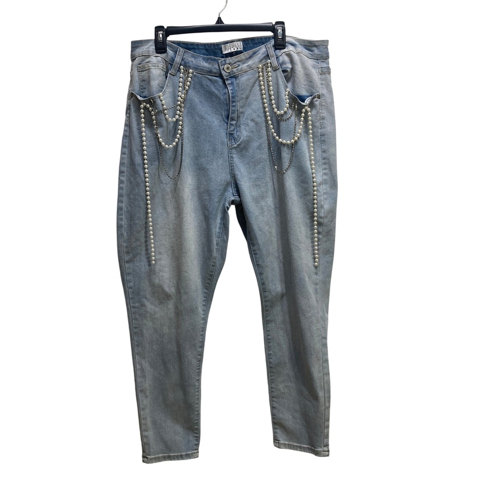 Thrill Jeans‎ Womens Light Wash Pearl Chain Embellished Skinny Jeans Size 22